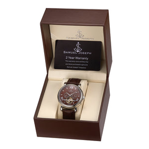 Samuel Joseph Brown and Silver Automatic Skeleton Designer Luxury Mens Watch Brown Leather Strap