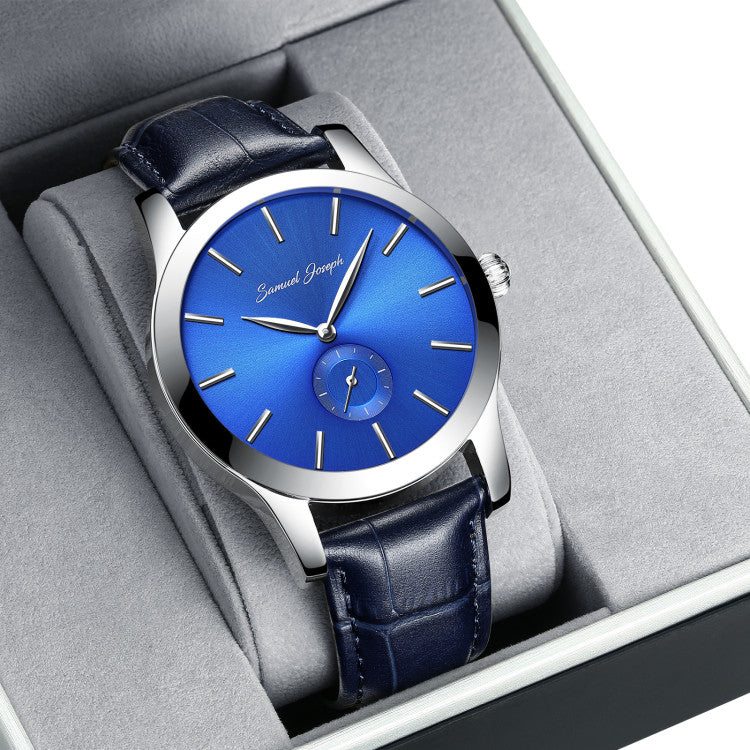Bespoke 43mm Blue & Steel Watch With a Navy Leather Strap