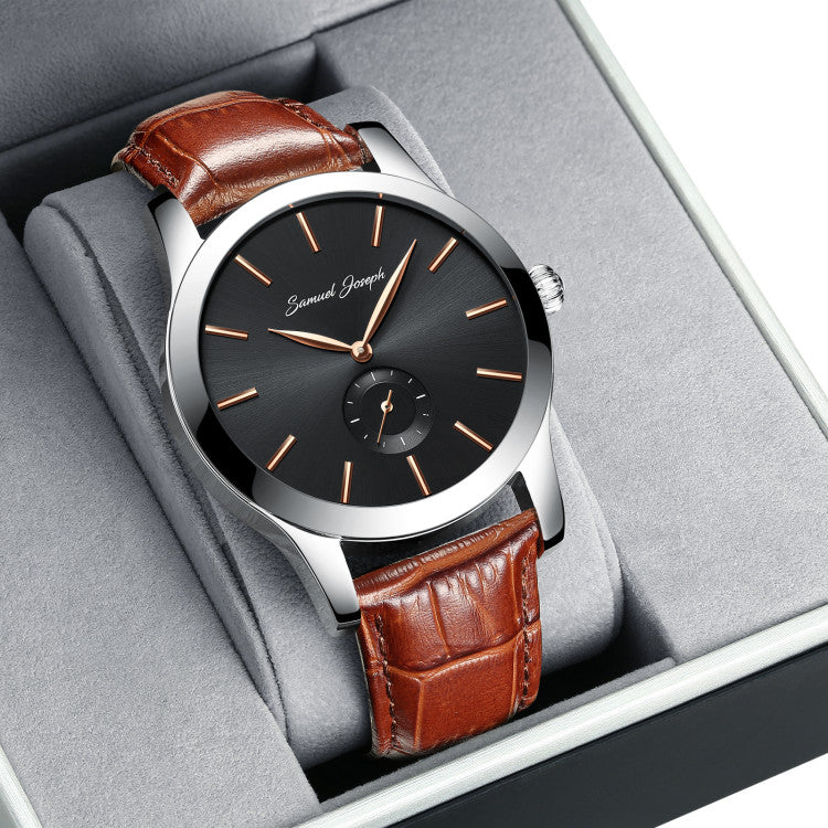 Bespoke 43mm Black & Steel Watch With a Brown Leather Strap