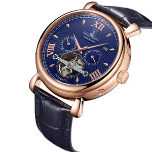 Samuel Joseph Navy Blue and Gold Automatic Skeleton Designer Luxury Mens Watch Leather Strap