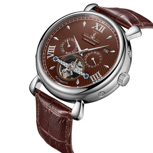 Samuel Joseph Brown and Silver Automatic Skeleton Designer Luxury Mens Watch Brown Leather Strap