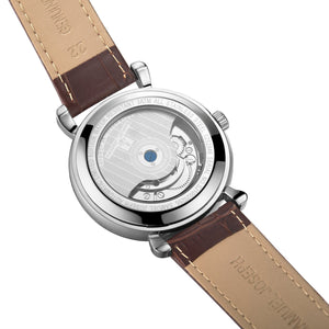 Samuel Joseph Brown and Silver Automatic Skeleton Designer Luxury Mens Watch Brown Leather Strap