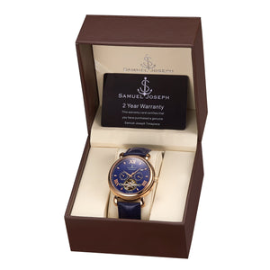 Samuel Joseph Navy Blue and Gold Automatic Skeleton Designer Luxury Mens Watch Leather Strap