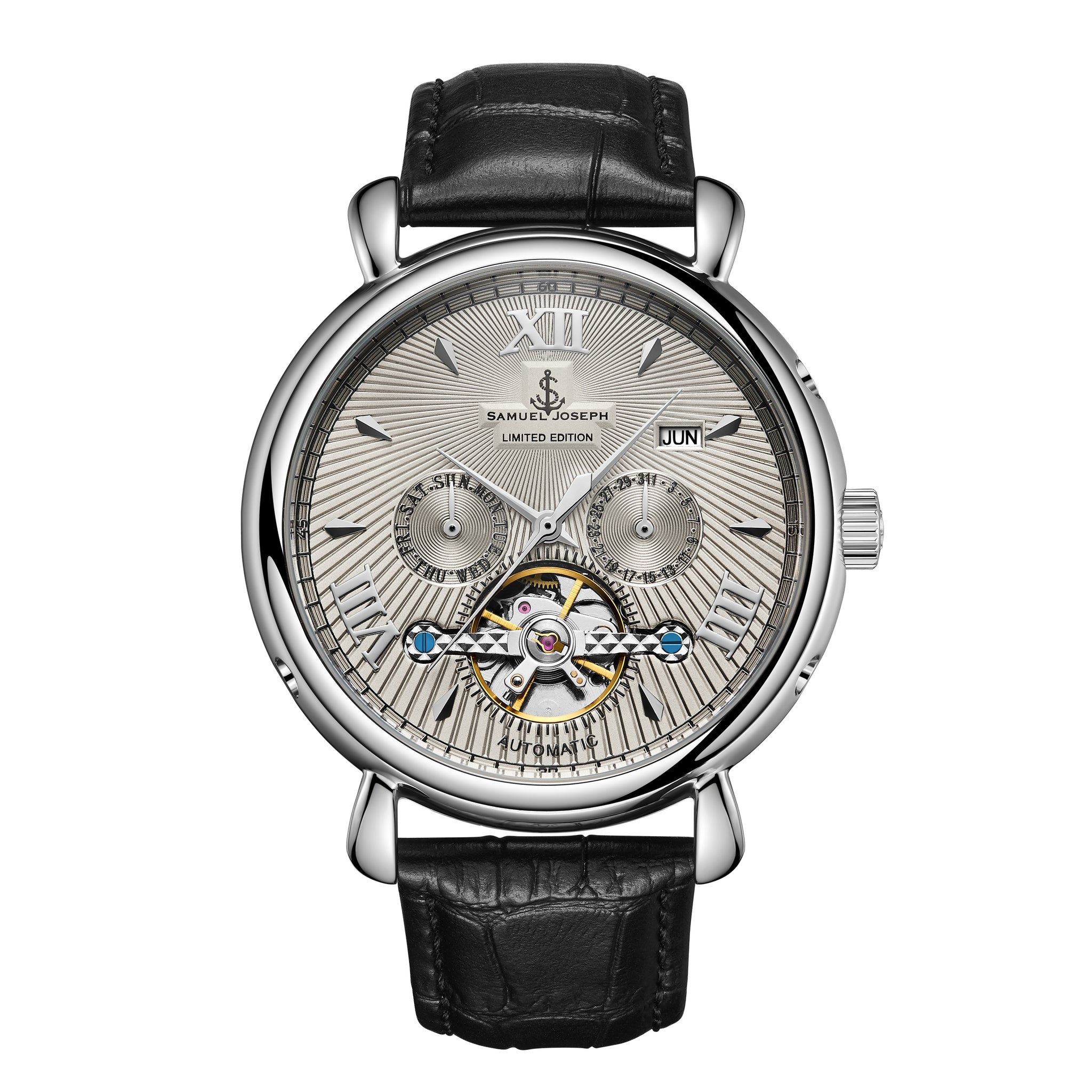 Steel & Grey Automatic Designer Mens Watch with Designer Leather Strap ...